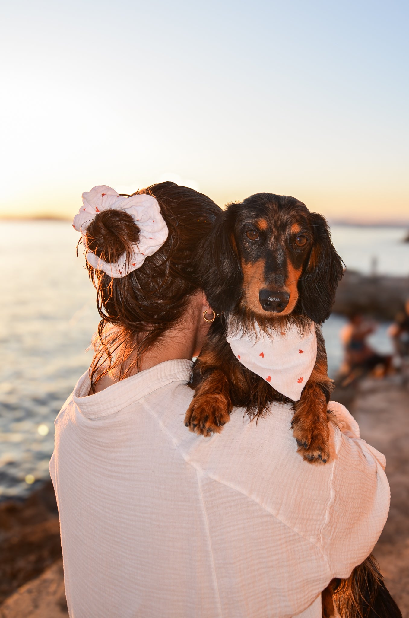 Un duo matchy chouchou & bandana motif coeur, pour un teckel stylé assortie à sa dogmom